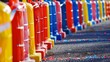 A large scale outdoor event being marked off by rows of colorful barriers creating a festive and orderly atmosphere. .