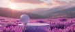 A purple lavender field with sphere podium on backdrop with a big space for text or product advertisement, Generative AI.