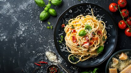 Wall Mural - Italian Style Carbonara Pasta with Pancetta and Cheese on Black Table