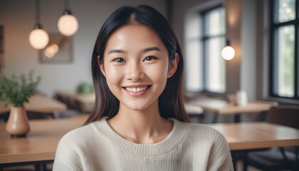 Portrait of a Cheerful Asian Japanese, Korean young woman, girl. close-up. smiling. at home, indoor.	
