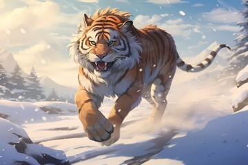 Wall Mural - cartoon illustration, a tiger is running in the snow