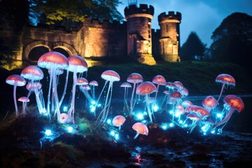 Wall Mural - Glowing Mushrooms: A castle surrounded by bioluminescent mushrooms.