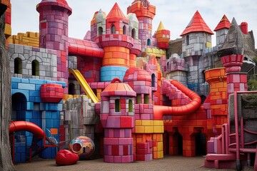 Wall Mural - Giant's Playground: Oversized toys and structures around the castle.