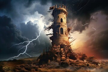 Wall Mural - Stormy Wizard Tower: A wizard's tower with lightning crackling around it.