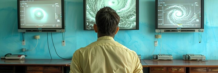 Poster - Southeast Asian Meteorologist Monitoring Tornado via High-Tech Radar in Minimalist Control Room