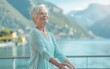 Serene Menopausal Woman Practicing Yoga by Lake Como in Morning Light for Heart Health & Wellness