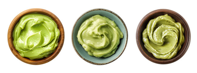 Wall Mural - Three bowls with wasabi sauce isolated on transparent background, top view