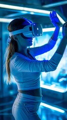 Poster - Young Asian Woman Experiencing Virtual Reality in a Futuristic Setting at Night