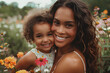 A mother and daughter smile in a garden with flowers.
