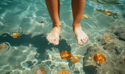 Wall Mural - A close-up of the barefoot legs of children relaxing in the lake on a hot summer day, top view.