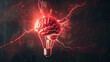A brain is shown with a light bulb in the middle of it. The light bulb is glowing red and the brain is glowing red as well. Concept of energy and power, as if the brain is being electrified