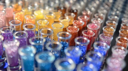 Closeup of an array of test tubes containing different types of stem cells labeled with their specific origins. .