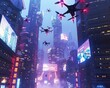Explore a bustling cityscape with sleek, futuristic skyscrapers towering above Capture a dynamic scene at eye level with flying drones delivering packages amid neon-lit streets