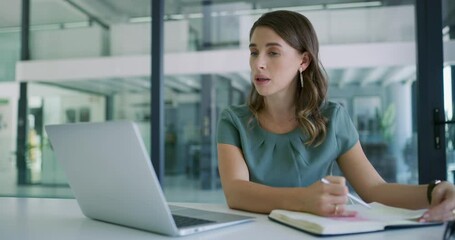 Fototapete - Business woman, laptop and video call with diary for agenda, proposal or schedule planning at office. Young female person or employee talking with notebook on computer in virtual meeting at workplace