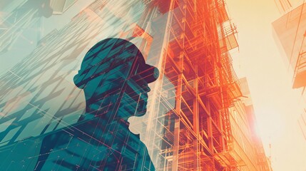 Wall Mural - an illustration blending digital building construction engineering with double exposure graphic design. Depict building engineers, architects, or construction workers in action.