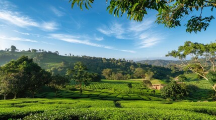 Canvas Print - Scenic Blue Sky Over Tea Plantations in a Hill Station