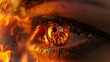 A halfod eye reveals a reflection of a blazing fire casting a warm glow on the surroundings. .