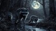 A family of raccoons foraging for food beside a moonlit stream, their masked faces illuminated in the darkness