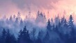 Trees in the fog with a pink sky