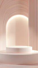 Wall Mural - A chic podium for showcasing products in a boutique with a beige backdrop and gentle lighting. Copy space.