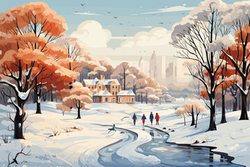 vector art illustration wonderland freeze covered January scenery sun sunlight frosty seasonal outdoors road river travel beauty mountain scenic water holiday natural snow winter landscape nature