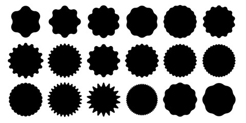 Set of black price sticker, sale or discount sticker, sunburst badges icon. Stars shape with different number of rays. Special offer price tag. Red starburst promotional badge set, shopping labels