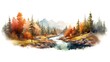 Watercolor autumn landscape with mountain river and forest. Vector illustration.