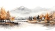 Autumn landscape with mountain and lake. Watercolor hand drawn illustration