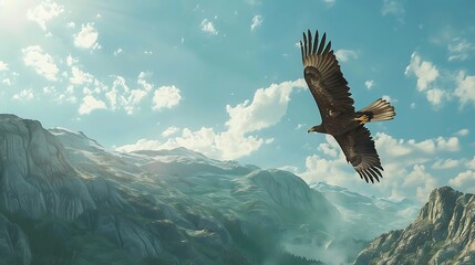  A majestic bald eagle soaring high above rugged mountain peaks, its wings outstretched against the blue sky