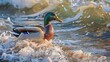 A giraffe duck on water with wave backdrop