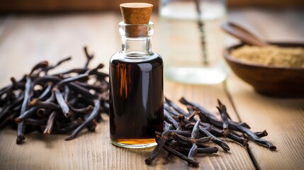 Canvas Print - Pure vanilla extract in a small glass bottle, close-up, with vanilla beans next to it, on a wooden kitchen table. -