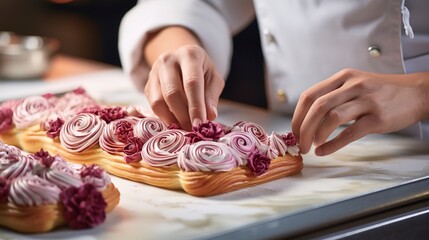 Sticker - Close-up of pastries being intricately decorated with icing by a skilled pastry chef, focusing on the precision and artistry.