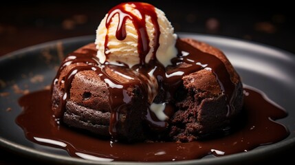Wall Mural - Close-up of a molten chocolate lava cake, with rich, gooey chocolate oozing from the center, on a dark plate.