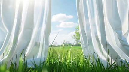 Poster - White curtain close-up with grass foreground