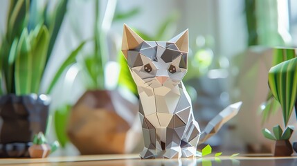 Wall Mural - A cute cat,layered paper style, paper folding art, A gorgeously rendered papercraft world, graphic design,