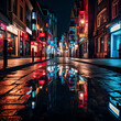 A city street at night with colorful reflections.