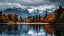 Scenic View Of Lake By Trees Against Mountains And Cloudy Sky