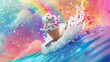 Whimsical ice cream cone riding a cream splash wave in a vibrant, dreamlike scape