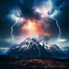 Sticker - A dramatic lightning storm over a mountain range. 