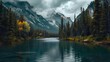 Scenic view of lake by trees against mountains and cloudy sky