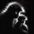  Black background Rim light a monkey mother and her baby in profile photography, with the light shining on its fur