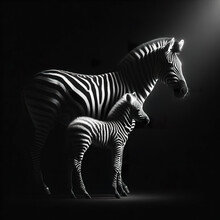 Black Background Rim Light A Zebra Mother And Her Baby In Profile Photography, With The Light Shining On Its Fur