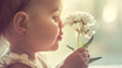 A 6 month baby girl closeup holding a flower for her mother on Mother's Day 