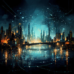 Wall Mural - Abstract city skyline with interconnected bridges.