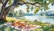 Capture a serene watercolor scene of a picnic by a tranquil lake, showcasing a colorful blanket spread with a variety of delectable dishes, under the shade of a grand oak tree