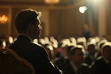 Wall Mural - Man in suit is sitting in chair in front of crowd