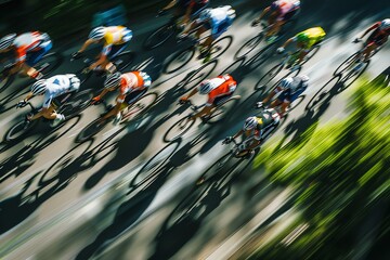 Capture the dynamic movement of cyclists in sleek, aerodynamic clothing, seen from a birds-eye perspective Show vibrant colors and intricate patterns to enhance the sense of spee.