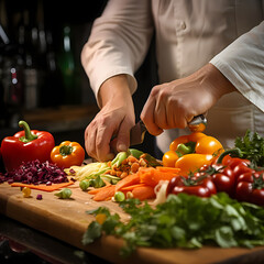 Canvas Print - Close-up of a chef chopping vegetables. 