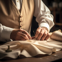 Wall Mural - Close-up of a tailors hands sewing fabric.