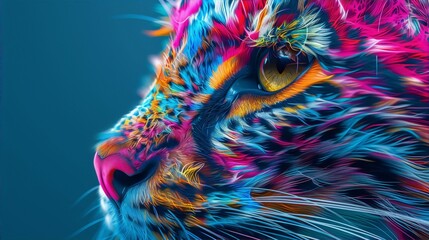  Psychedelic portrait of a cat in bright neon colors, with a blue background, in digital art style
